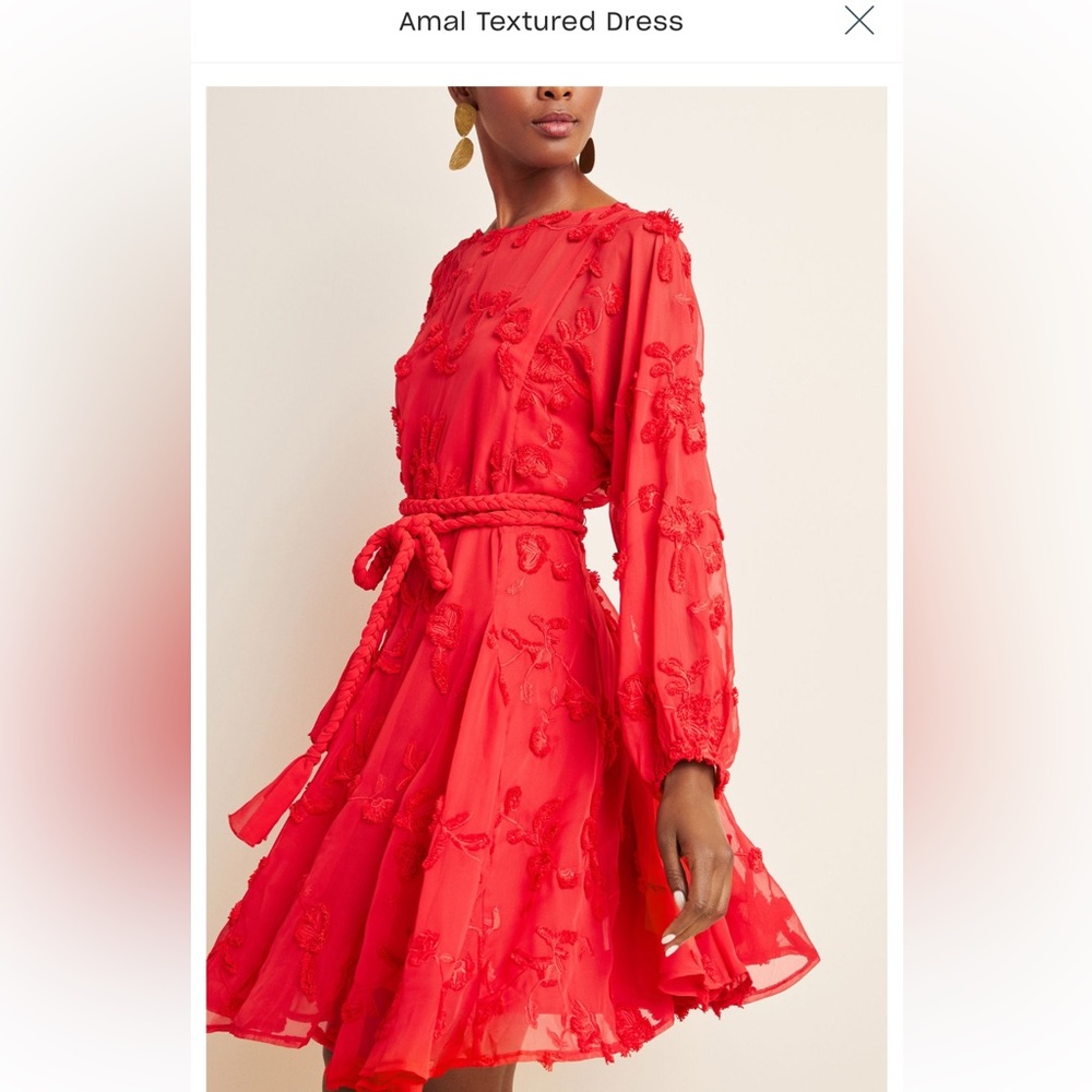Anthropologie Red Textured Long Sleeve Dress